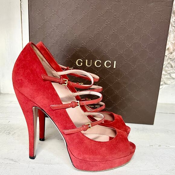 Gucci Lisbeth Suede Strappy Peep Toe Stilettos Heel Pumps Rose Bed Women's 38.5 - Picture 2 of 11